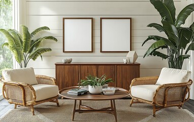 Obraz premium Coastal living room interior design, rattan chairs, wooden cabinet, blank frames, plants.