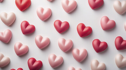 Colorful hearts in various shades of pink and red on white background