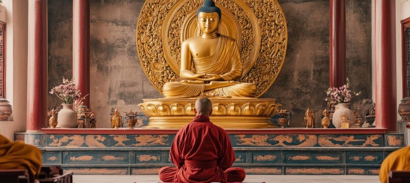 Buddhist monk meditating in temple in front of golden buddha statue