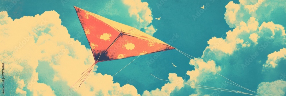 Poster colorful kite soaring through a bright blue sky filled with fluffy clouds and distant birds. generat