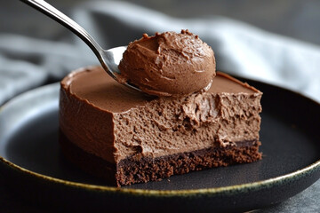 Spoonful of chocolate mousse cake slice on dark plate, kitchen setting