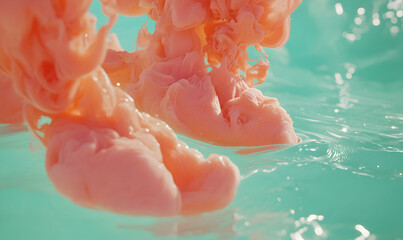 Abstract coral-toned ink swirls dissolving in turquoise water, creating a mesmerizing underwater scene. Perfect for design, beauty, or wellness projects.