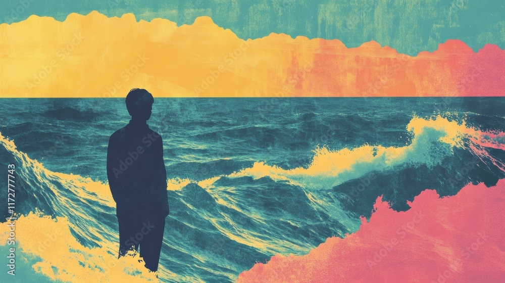 Poster lone figure contemplates the vast ocean at sunset with retro risograph style artwork. generative ai