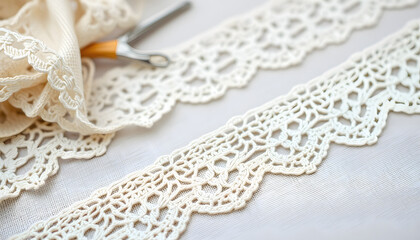 Fototapeta premium vintage lace trims and sewing kit, close-up, with white tones