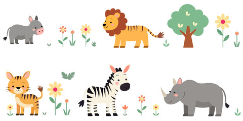 Obraz premium Cute Animals. Tiger. Zebra. Lion. Tree. Flower.