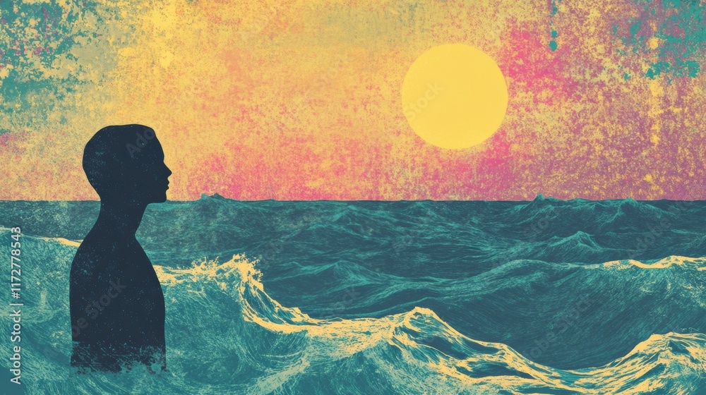 Poster silhouette of a person gazing at a vivid sunset over a turbulent ocean in a retro risograph style ar