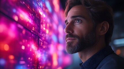 Man contemplating data visualization on a large screen.