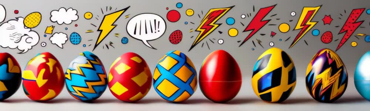 Vibrant Easter eggs in a comic book style with speech bubbles, lightning bolts, and polka dots. Website banner