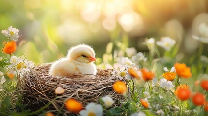 Adorable baby chick resting in a nest surrounded by blooming spring flowers