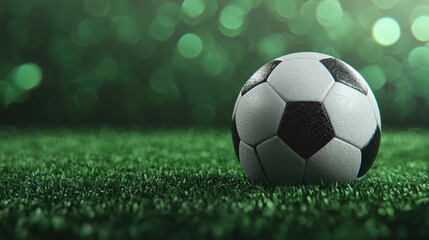 Obraz premium Close-Up View of Soccer Ball on Green Grass with Bokeh Background