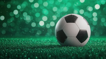 Naklejka premium Soccer Ball on Green Grass with Bokeh Background and Glitter Effects