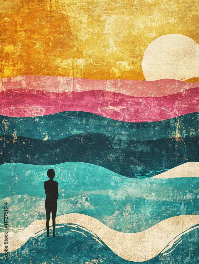 Poster colorful sunset over waves with a silhouette by the shore in retro risograph style. generative ai