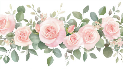 seamless pattern of soft pink roses and greenery, vector illustration of pink roses and greenery in watercolor style on white background