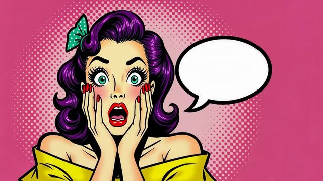 Retro pop art of shocked woman holding her face in surprise. Comic book style character against pink halftone background with empty speech bubble expresses dramatic emotion.
 - Powered by Adobe