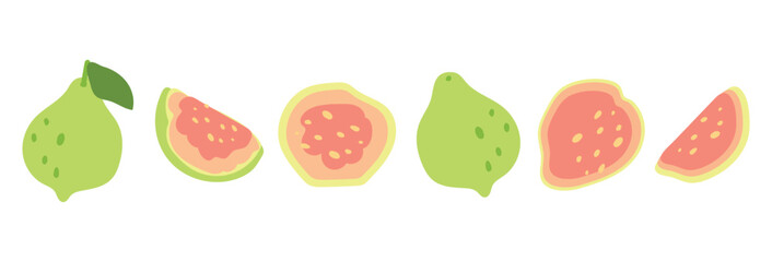 Guava set in flat style. Tropical, delicious fruits. Vector isolated image on transparent background. Summer freshness for health. For packaging, juice, label, sticker.