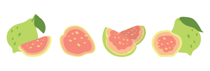 Guava set in flat style. Tropical, delicious fruits. Vector isolated image on transparent background. Summer freshness for health. For packaging, juice, label, sticker.