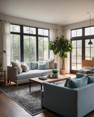 Fototapeta premium Modern traditional living room featuring a neutral color sofa expansive windows and a rug under the furniture for comfort