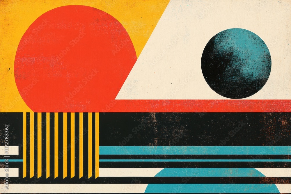 Leinwandbilder retro risograph style artwork featuring geometric shapes and bold colors in a balanced composition. 