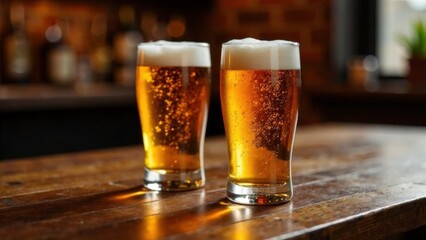 Two clear glasses of beer stand on a wooden bar counter in an Irish pub