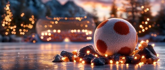 Obraz premium Cozy Winter Scene Knitted Ball with Lights on Icy Surface near Snowy Mountains