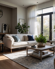 Fototapeta premium Stylish and welcoming traditional living room with a neutral color couch large windows and a beautiful rug beneath the furniture