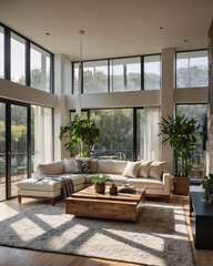 Fototapeta premium Timeless traditional interior design with a neutral sofa large windows for natural light and a decorative rug under the furniture