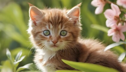 Obraz premium Adorable Ginger Kitten Amidst Spring Blossoms: A Sweet, Sunny Portrait