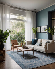 Fototapeta premium Traditional home decor with a neutral couch expansive windows letting in natural light and a stylish rug placed under the furniture