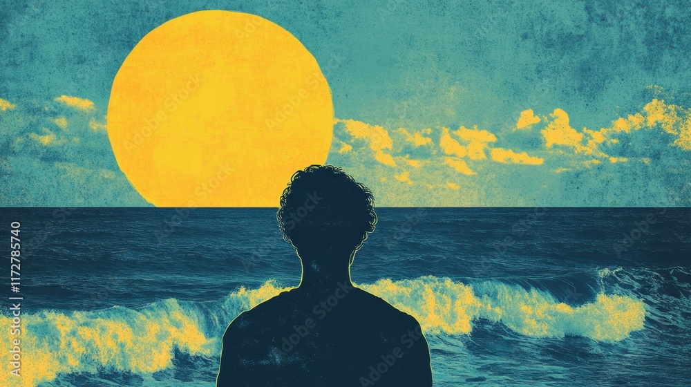 Poster retro risograph style illustration of a person facing a large sun over the ocean at dusk. generative