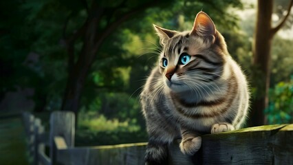 A Beautiful Tabby Cat Poses on a Wooden Fence in a Lush Forest