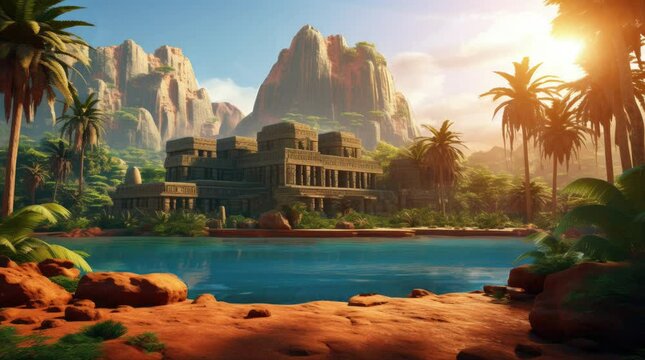 A view of ancient Egyptian buildings, a river, and cliffs, 4k animated video