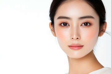 Fototapeta premium Close-Up Portrait of Japanese Woman Model with Bare Skin for Beauty and Skincare Advertisement, Isolated on White Background