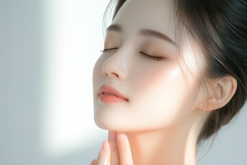Close-Up Portrait of Japanese Woman Model with Bare Skin for Beauty and Skincare Advertisement, Isolated on White Background