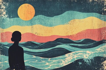 Stunning retro risograph style artwork depicting a silhouetted figure gazing at a serene sunset over ocean waves. Generative AI