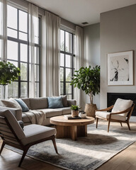 Fototapeta premium Traditional home living area with neutral sofa large windows providing bright natural light and a rug placed under the furniture