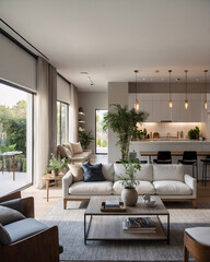 Fototapeta premium Traditional interior design with neutral color couch large windows and a decorative rug under the furniture enhancing the living space