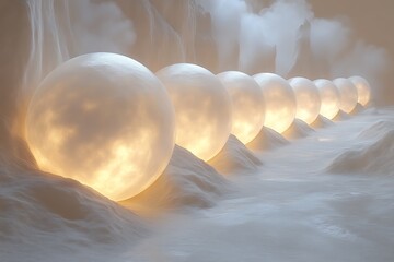 Glowing orbs in a snowy, mystical landscape.