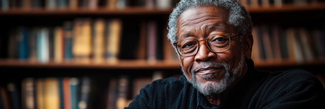 A thoughtful older man with gray hair and glasses, sitting in a cozy library setting, surrounded by bookshelves, exuding wisdom and warmth.
