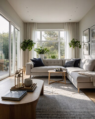 Fototapeta premium Traditional living room with neutral colored sofa large windows and a luxurious rug under the furniture for a welcoming space