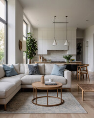 Fototapeta premium Tranquil and cozy traditional home with neutral sofa large windows and a plush rug placed under the furniture for added warmth