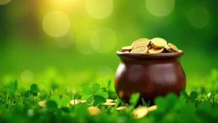 Traditional Irish pot full of gold coins stands in a mysterious forest among green clover. Traditions of celebration and legends of St. Patrick's Day. National Irish holiday
