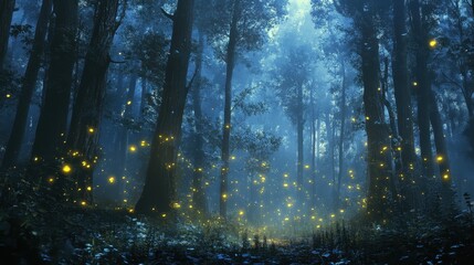 Misty forest path illuminated by sunlight during early morning hours in a tranquil woodland setting