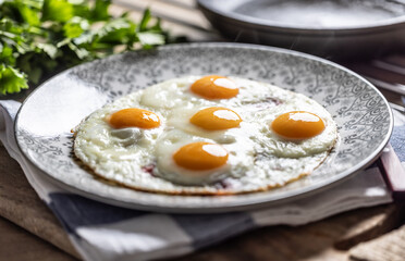 English breakfast on a plate. Ham and eggs sprinkled with parsley