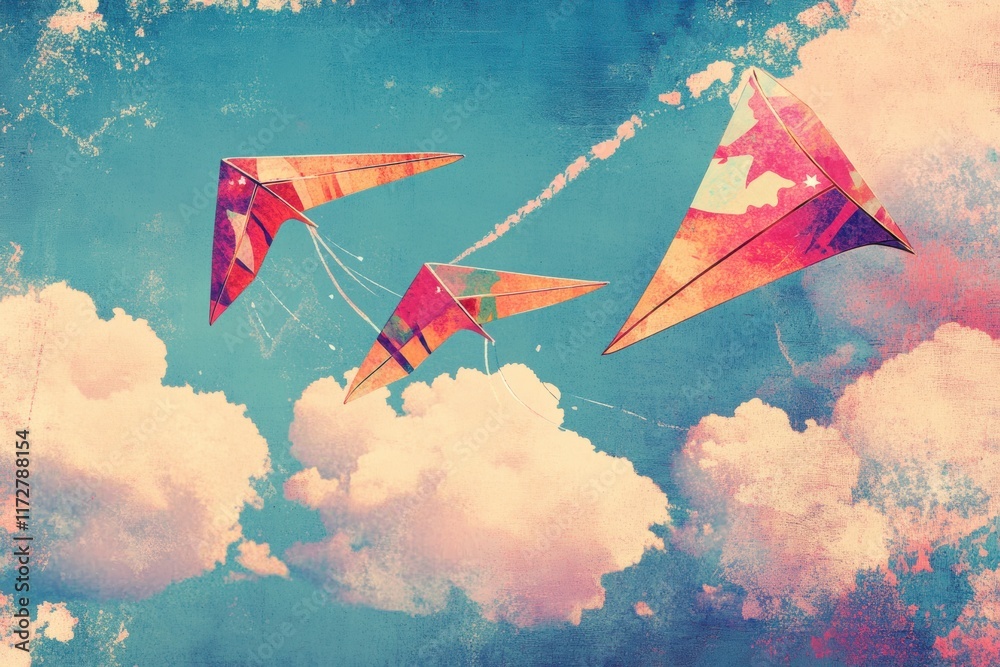 Poster kites soaring in a vibrant sky with retro risograph style graphics during a sunny afternoon. generat