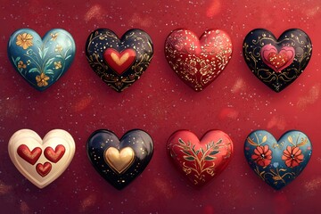 Fototapeta premium Eight heart shaped objects with various colors and floral decorations, celebrating love and affection on valentine's day