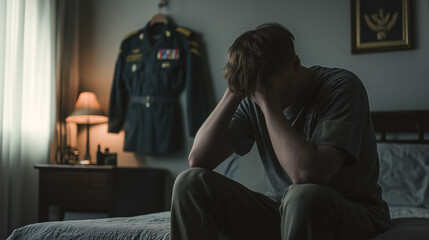 Fototapeta premium emotional photo of a young man sitting on the edge of a bed, his head in his hands, expressing stress and contemplation. Behind him, a neatly hung military uniform, military problems, ptsd, regret