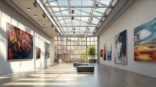 An art gallery with beautiful paintings displayed on minimalist white wall