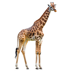 Naklejka premium Giraffe with a Long Neck: A tall giraffe, reaching great heights with its long neck and patterned coat, stands gracefully against a bright background.