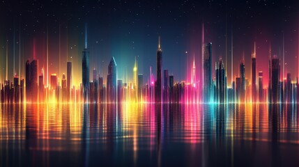 Colorful futuristic city skyline with glowing lights at night