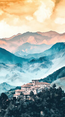 A peaceful watercolor of a monastery nestled in a mountain range under a golden sunset sky, radiating serenity. The warm hues and soft brushstrokes evoke a sense of solitude and spiritual retreat.
